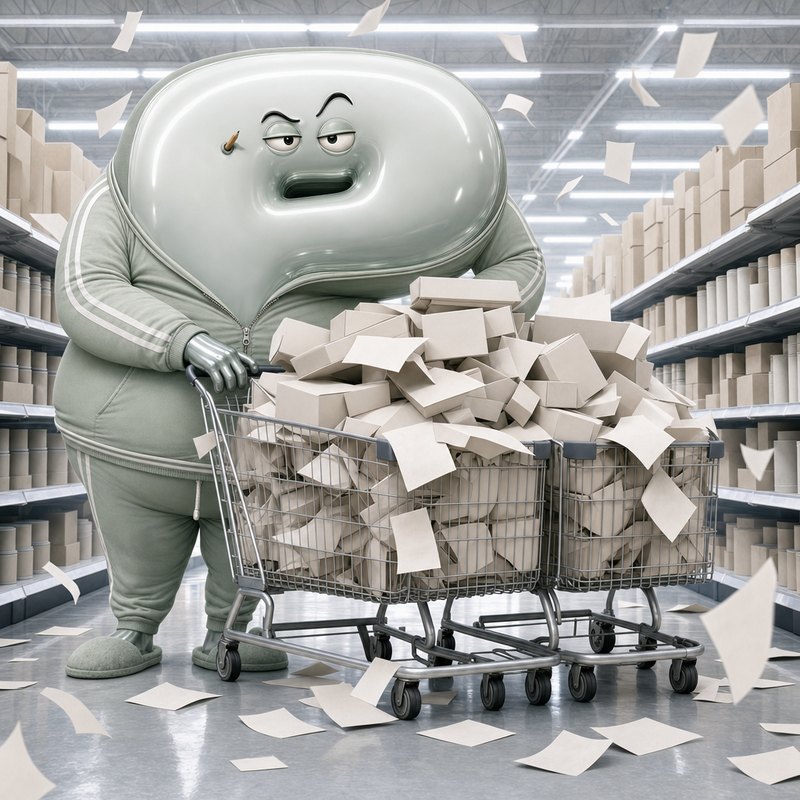 A hugely over-inflated chrome letter-P figure in a tracksuit pushing two shopping trolleys overflowing with blank paper slips