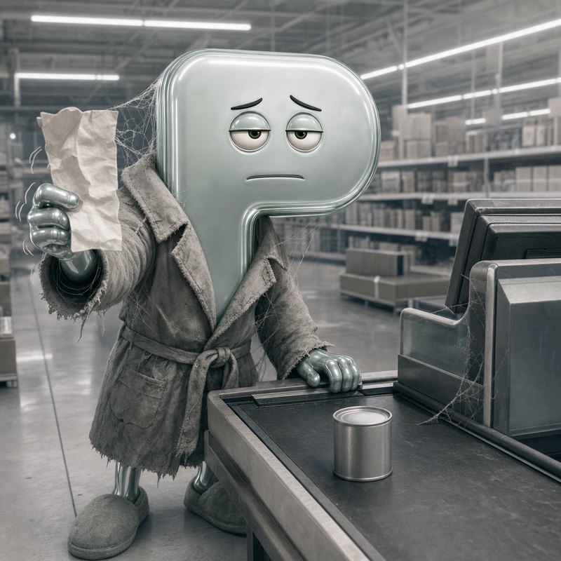 A chrome letter-P figure in a rumpled coat holding out a crumpled blank slip at a supermarket till, cobwebs forming around him